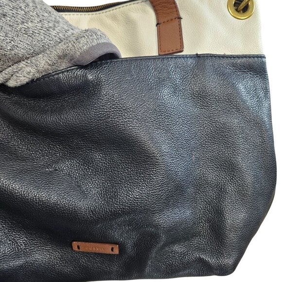 Fossil Two-Tone Leather Tote Bag With Adjustable Crossbody Strap Brass‎ Hardware - Picture 10 of 11